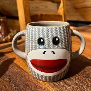 Gray Sock Monkey Face Coffee Mug Cup Double Handle Gift Teacher 16oz Collectable
